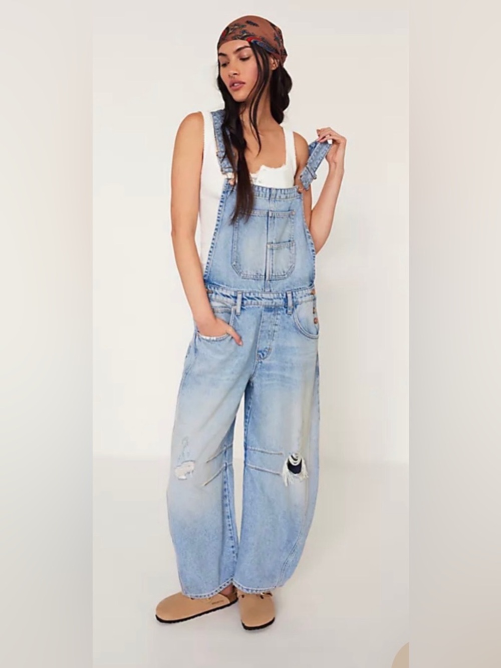 We The Free Light Blue Distressed Denim Overalls